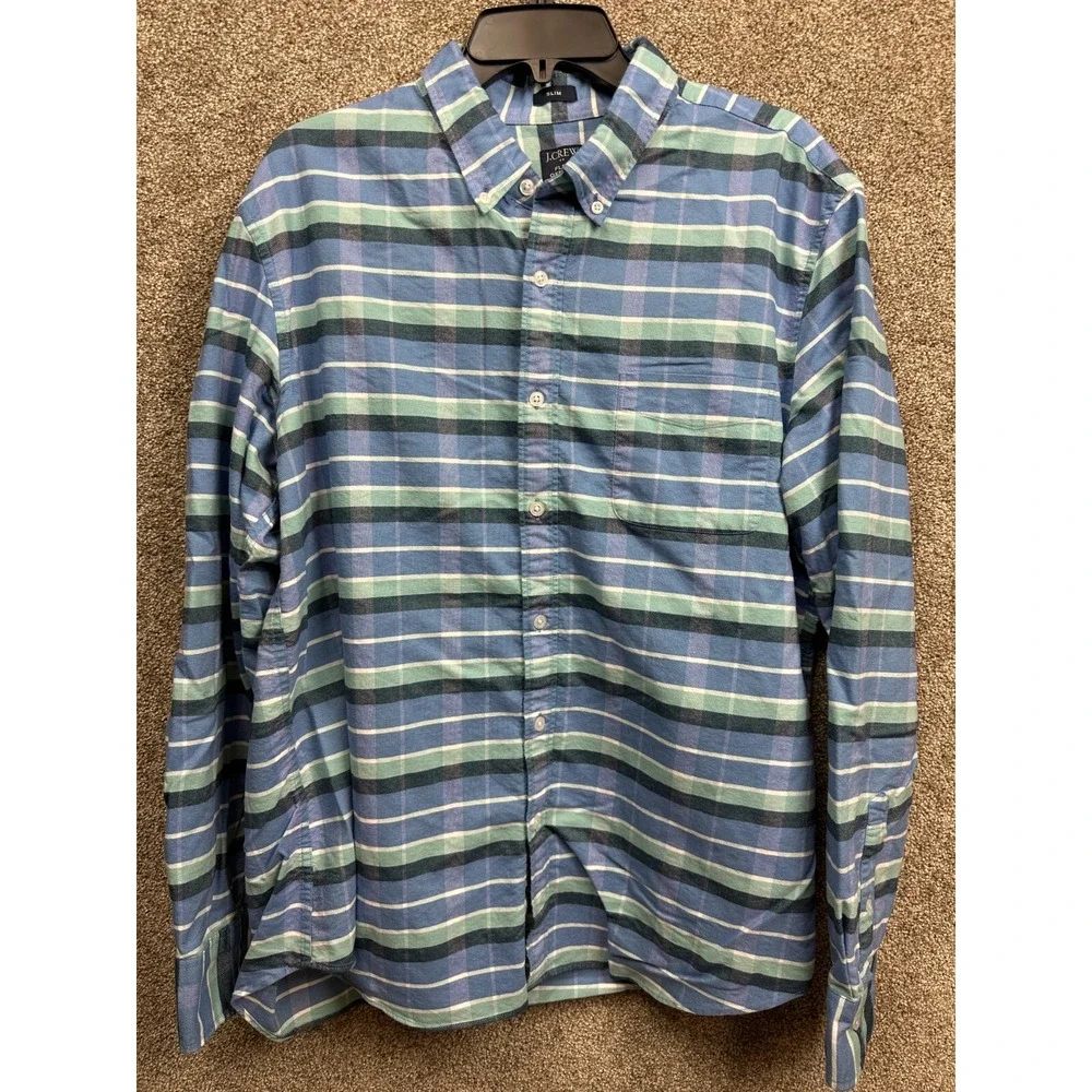 J Crew Blue Green Plaid Long Sleeve Button Down Shirt Mens Slim‎ X-Large